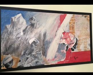 Original acrylic on canvas painting by Patric Rocard "L'Escalier Rouge" ( The Red Stairs) 1987 34"x60"  Acquired by Edward and Edith Anixter in 1987 from Christopher Hull Gallery in London, noted collectors from Chicago