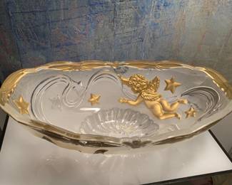 Vintage Mikasa Germany Crystal Oval Bowl Golden with Cherubs and Stars