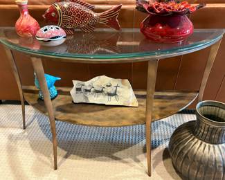 Demi lune gilded iron and glass side table