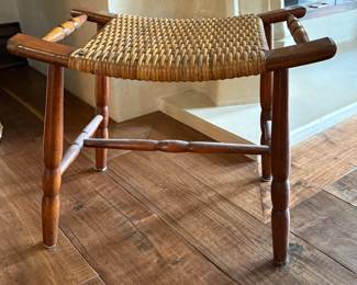 Victorian style turned oak & rattan stool, bench