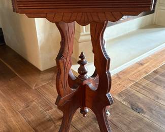 Antique Victorian Eastlake walnut carved marble top parlor table, end table, side table
