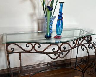 Contemporary ornate gilded iron and glass side table, sofa table