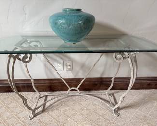 Glass top painted wrought iron console table
