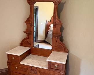 Antique Victorian Eastlake walnut marble top dresser