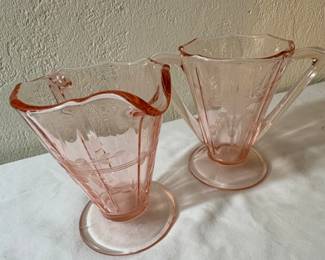 vintage pink depression glass cream and sugar set with floral etching- 1920s - 1930s.