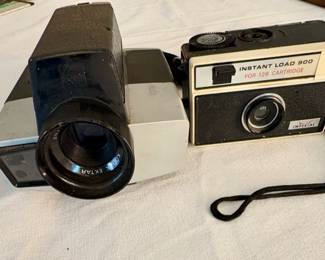 vintage Kodak XL33 Super 8 Movie Camera with a Kodak Ektar 9mm lens and vintage Imperial Instant Load 900 camera, designed for 126 film cartridges.