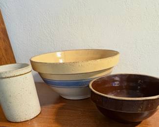 Heritage Blue Stripe Stoneware Mixing Bowl, And other vintage stoneware crocks 