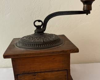 1800's Dadoed Wood and Cast Iron Primitive Lap Coffee Grinder, Single Grounds