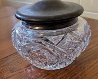 Cut Glass Powder Jar with Metal Lid 