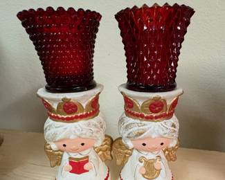 Vintage Homco Christmas Choir Angel
Candleholders, Amberina Red Glass Sconces
