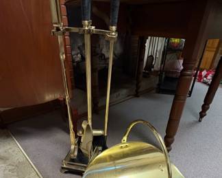brass fireplace tool set and log holder 