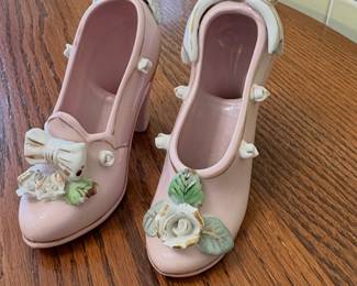 Vintage 1950's Pink Heels with White Bow Ceramic Shoes