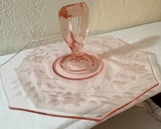 Depression glass octagon-shaped center handle serving tray with an etched floral design.