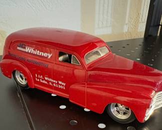 diecast model of a 1946 Chevrolet Sedan Delivery Street Rod, branded with the J.C. Whitney "Everything Automotive" logo and address.