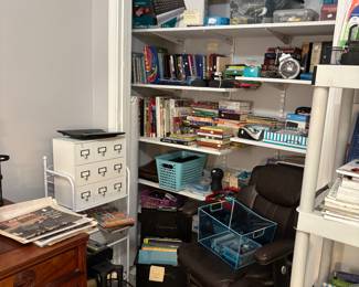 Office desk.  Office supplies.  