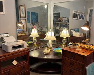 Corner table    Redwood office cabinet/ nightstand.    Wall mirrors 