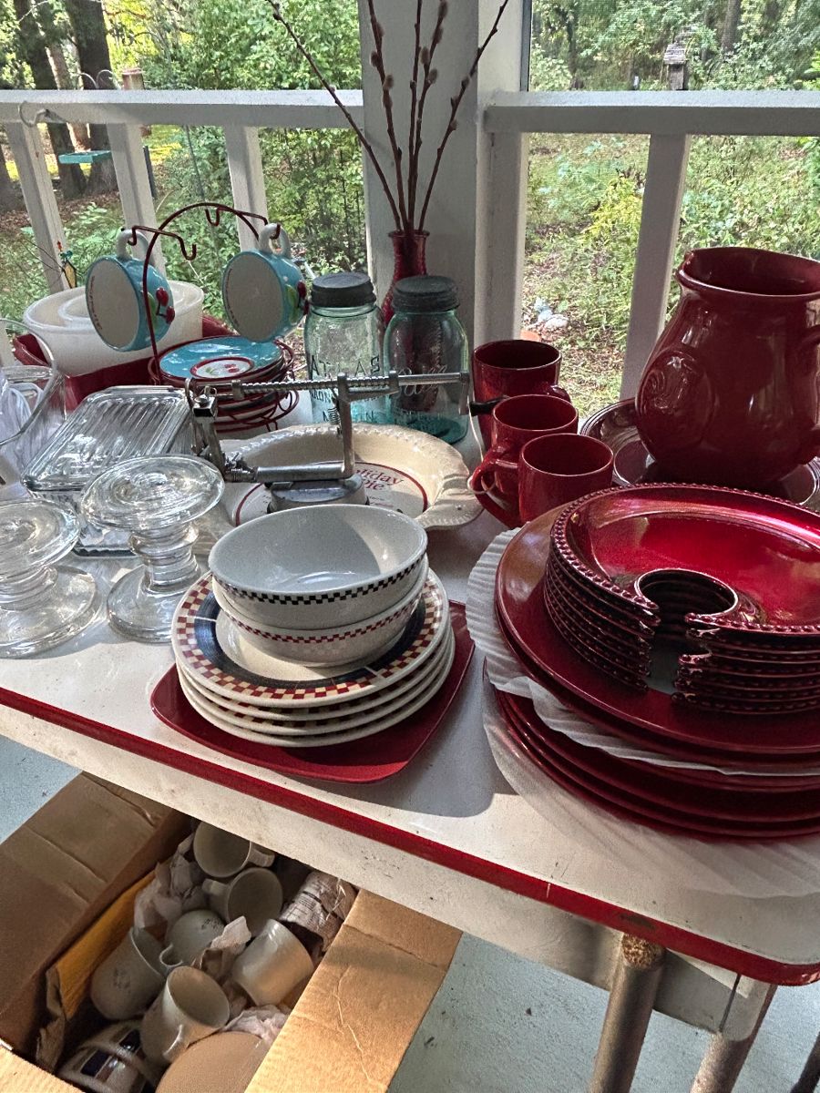 Vintage red and white enamel top table