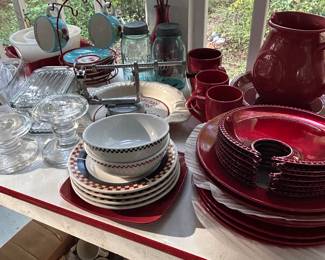 Vintage red and white enamel top table