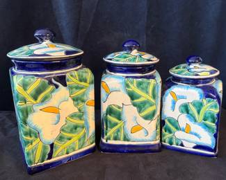 Made In Mexico Trio Of Hand Painted Talavera Style Canisters