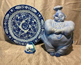 China Blue Footed Platter And Chef Cookie Jar