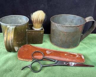 Antique Shaving Tin,Shaving Brush, Hoffritz German Scissors