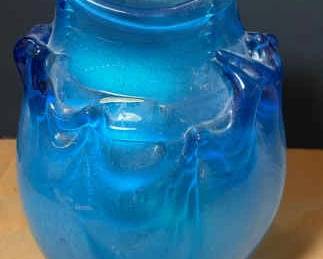 Iridescent Blue Glass VaseSigned