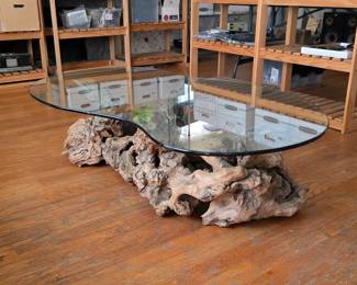 Vintage burlwood kidney bean shaped glass top table