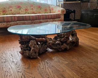 Vintage burlwood kidney bean shaped glass top table