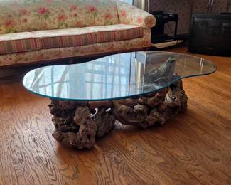 Vintage burlwood kidney bean shaped glass top table