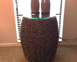 Heavy woven seagrass side table with beveled glass top (display area under the glass)