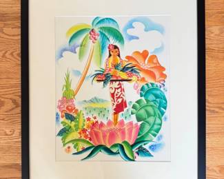 14 FramedTropicalHulaGirlPrintColorfulTropicalScene
