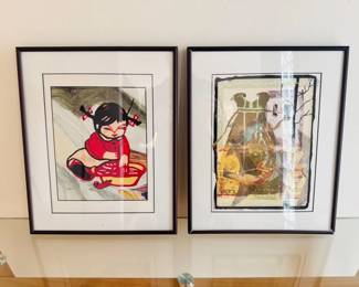 9 PairOfFramedPrintsVibrantAbstractFigurativeDesigns