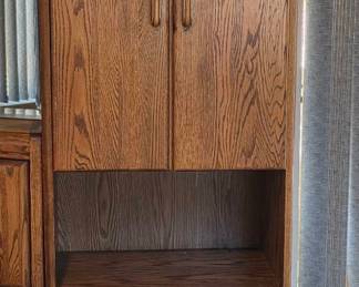 2 Tall Narrow Oak Cabinets WSlide Out Glass Side Tray