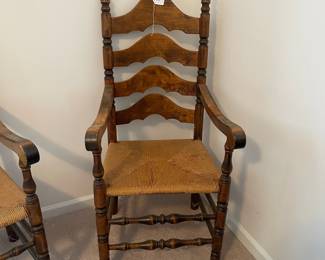 R18 - $125. Pair of Ethan Allen Vintage Ladder Back Chairs. Measures 21" x 18" x 45.5" tall. In very good condition - seems like they've been more for display that actual use. (No EA Tag - but based on the house and measurements they are)