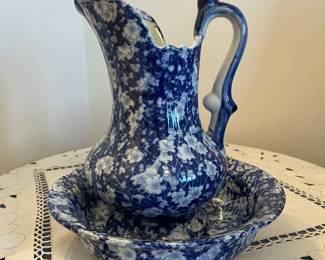 R66 - $60. Antique Victoria Ware Ironstone Pitcher & Basin. Cobalt Floral. Measures 11.25" tall. 