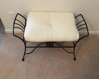 R17 - $30. Wrought Iron Bench with Cushion. Measures 33" wide x 14" deep x 19" tall. 