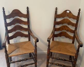 R18 - $125. Pair of Ethan Allen Vintage Ladder Back Chairs. Measures 21" x 18" x 45.5" tall. In very good condition - seems like they've been more for display that actual use. (No EA Tag - but based on the house and measurements they are)