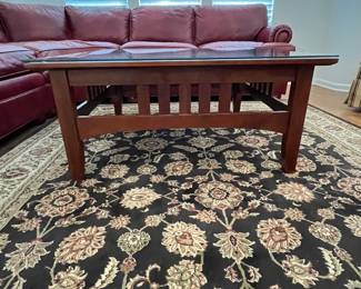 R6 - $125. Ethan Allen Coffee Table with Glass Top. Measures 38" square x 17.25" tall. Solid wood & sturdy! Does show some wear/cosmetic issues on the legs but overall good vintage condition!