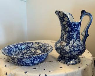 R66 - $60. Antique Victoria Ware Ironstone Pitcher & Basin. Cobalt Floral. Measures 11.25" tall. 