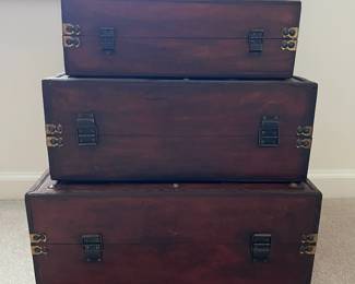 R50 - $50. Vintage Decorative Wooden Storage Trunks. Largest is 17" x 12.5" x 7.5". 
