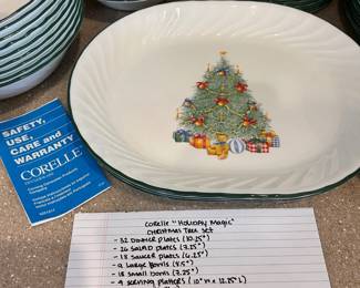 R10 - $225. Corelle by Corning “Holiday Magic” Christmas Tree Dishes
- 32 dinner plates (10.25”)
- 26 salad plates (7.25”)
- 18 saucers (6.25”)
- 9 large bowls (8.5”)
- 18 small bowls (7.25”)
- 4 serving platters (10”w x 12.25”l)
- 18 cups (3.5”t)