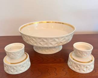 R27 - $20. 3 Piece Lenox Set. Pair of Candlesticks & 9.5" x 4" footed bowl. 