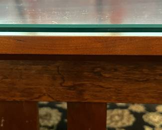 R6 - $125. Ethan Allen Coffee Table with Glass Top. Measures 38" square x 17.25" tall. Solid wood & sturdy! Does show some wear/cosmetic issues on the legs but overall good vintage condition!