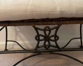 R17 - $30. Wrought Iron Bench with Cushion. Measures 33" wide x 14" deep x 19" tall. 