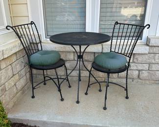 $65. 3 Pc Iron Patio Set. Measures 28" round x 29" tall. 
