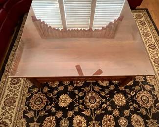 R6 - $125. Ethan Allen Coffee Table with Glass Top. Measures 38" square x 17.25" tall. Solid wood & sturdy! Does show some wear/cosmetic issues on the legs but overall good vintage condition!