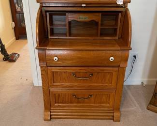 R14 - $125. *Small* Childs Size Roll Top Writer's Desk with 3 drawers. Measures 27.5" wide x 19" deep x 25" tall. 