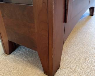 R1 - $650. Ethan Allen Mission Style Display Cabinet. Measures 43" wide x 15" deep x 70" tall. 3 Glass Shelves are adjustable. There is one leg that has very minor damage (see last photo)
