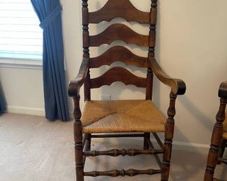 R18 - $125. Pair of Ethan Allen Vintage Ladder Back Chairs. Measures 21" x 18" x 45.5" tall. In very good condition - seems like they've been more for display that actual use. (No EA Tag - but based on the house and measurements they are)