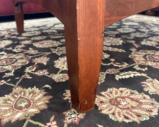 R6 - $125. Ethan Allen Coffee Table with Glass Top. Measures 38" square x 17.25" tall. Solid wood & sturdy! Does show some wear/cosmetic issues on the legs but overall good vintage condition!